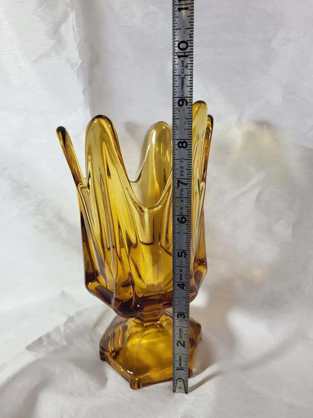 Vintage Viking Glass Mid-Century Modern Amber 6-Finger Pedestal Vase